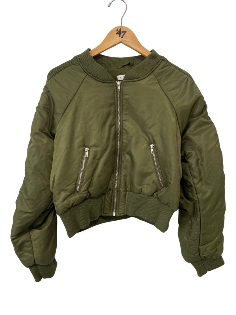 Hyfve Bomber Jacket Large Zip Front Long Sleeve Cropped Olive Green Outerwear